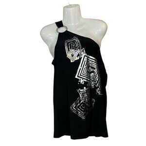 Marianne Women's 2X Black Asymmetrical One Shoulder Foil Graphic Lightweight